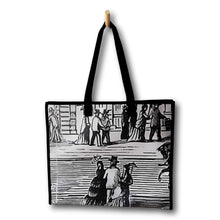 Charger l'image dans la galerie, Sac fourre-tout fait de matériaux récupérés. couleur: noir, blanc et gris. Ferme avec 4 boutons à pression. Fabriqué au Québec pour un produit local.