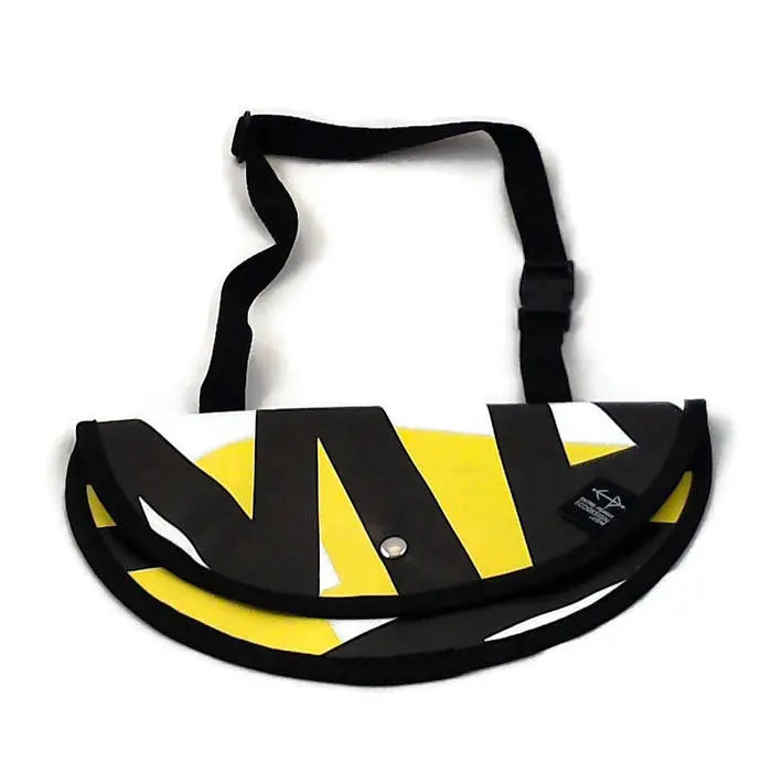 Sac à bandoulière demi rond jaune,blanc et écriture noire