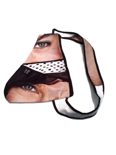 sac à dos format petit - yeux de femme, fond blanc à pois noirs