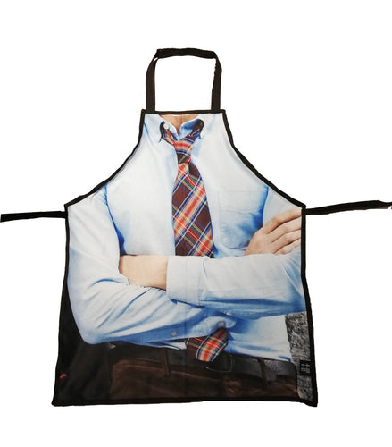 Tablier drôle de cuisine ou travaux - pour adulte - écoresponsable - homme chemise bleue et cravate à carreaux