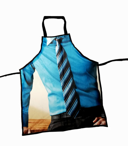 Tablier drôle de cuisine ou travaux - pour adulte - écoresponsable - homme chemise bleue et cravate à rayée